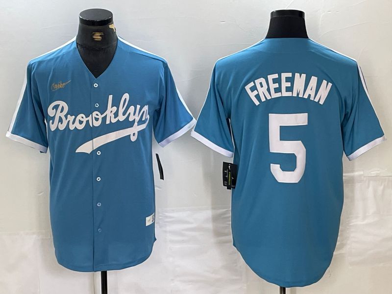 Men Los Angeles Dodgers 5 Freeman Light blue Throwback 2024 Nike MLB Jersey style 1